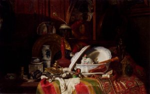 Still Life with Dishes, a Vase, a Candlestick and other Objects on a Draped Table