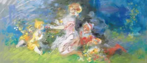 Women and children gathering flowers Oil painting by Jules Cheret