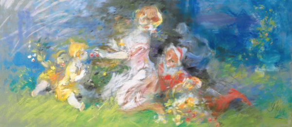 Women and children gathering flowers by Jules Cheret - Hand-Painted Oil Painting Reproduction
