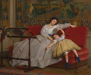 Mother With Her Young Daughter by Gustave Leonard De Jonghe Oil Painting