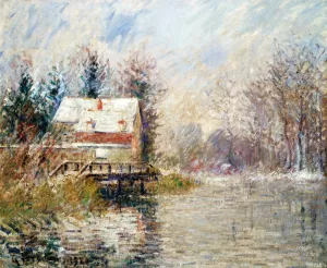 House by the Water, Snow Effect by Gustave Loiseau - Oil Painting Reproduction