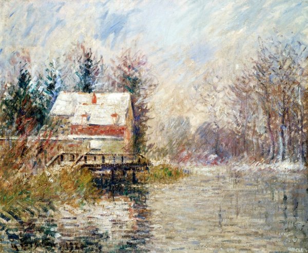 House by the Water, Snow Effect by Gustave Loiseau - Hand-Painted Oil Painting Reproduction
