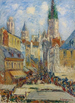 La Place De La Basse, Vielle Tour Et Le Marche De La Place, Rue De L'epicerie by Gustave Loiseau Oil Painting