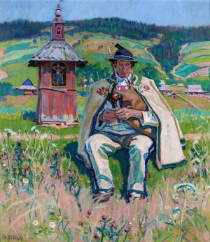 Highlander with a bandura against landscape by Gustaw Pillati Oil Painting
