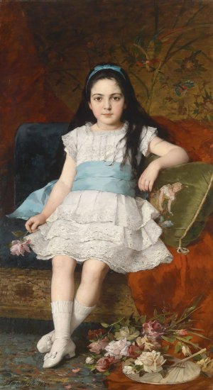 Portrait of a girl in a white dress with a blue sash by Gyorgy Vastagh Oil Painting
