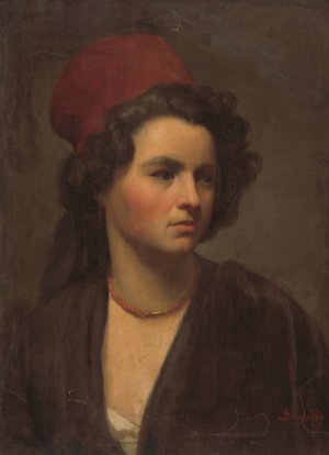 Portrait of a girl in a red scarf by Gyula Benczur Oil Painting