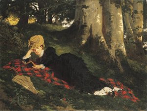 Woman Reading in a Forest by Gyula Benczur Oil Painting