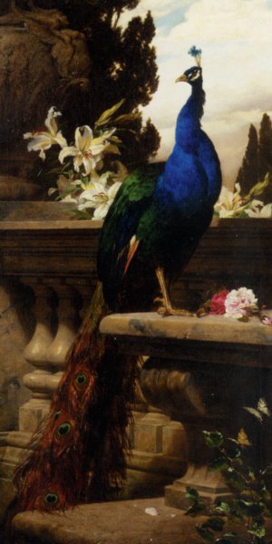 A Peacock in a Classical Landscape with Lillies and Roses