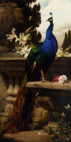 A Peacock in a Classical Landscape with Lillies and Roses painting by Gyula Juluis De Benczur