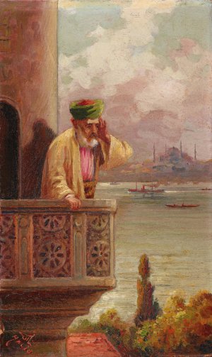 Prayer In Cihangir With The Hagia Sofia In The Distance by Halid Naci Oil Painting