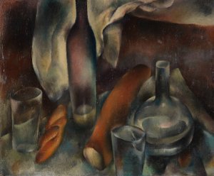 Stillleben mit Flaschen und Baguettes by Hanns Bolz Oil Painting