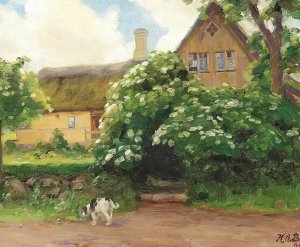 Blomstrende hyldebusk og hund ved indgangen til en strataekt gard i landsbyen by Hans Andersen Brendekilde Oil Painting