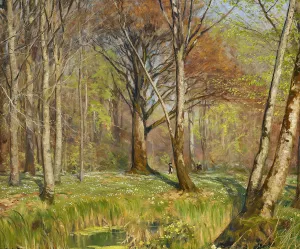 Born i forarsskoven. Anemonerne er sprunget ud by Hans Andersen Brendekilde Oil Painting
