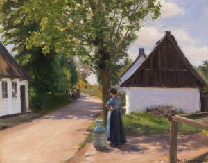 Danische Dorfstrase mit Bauerin und Milchmann by Hans Andersen Brendekilde Oil Painting