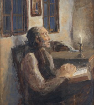 Den gamle mand ved spedelyset by Hans Andersen Brendekilde Oil Painting