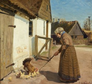 En hone med sine kyllinger by Hans Andersen Brendekilde Oil Painting