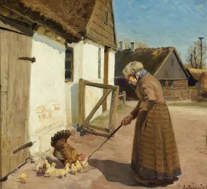 En hone med sine kyllinger by Hans Andersen Brendekilde Oil Painting
