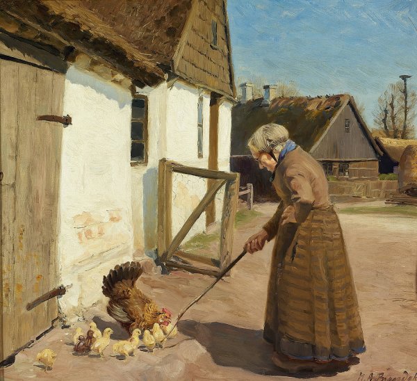 En hone med sine kyllinger by Hans Andersen Brendekilde - Hand-Painted Oil Painting Reproduction