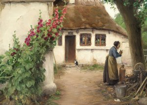 En kone ved et bondehus med rode stokroser by Hans Andersen Brendekilde Oil Painting