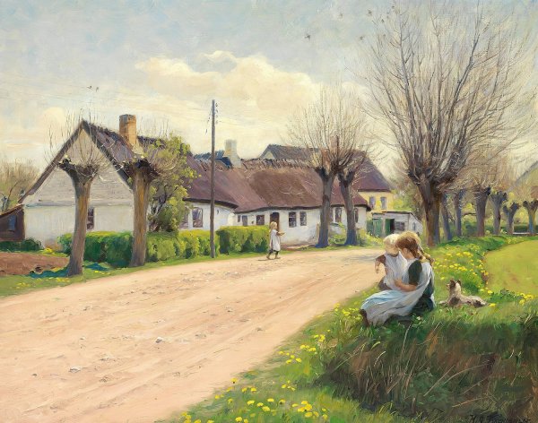 Forar i landsbyen med piger i vejkanten  by Hans Andersen Brendekilde - Hand-Painted Oil Painting Reproduction