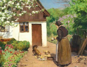 Honsene fodres foran det hvidkalkede bondehus en sommerdag by Hans Andersen Brendekilde Oil Painting