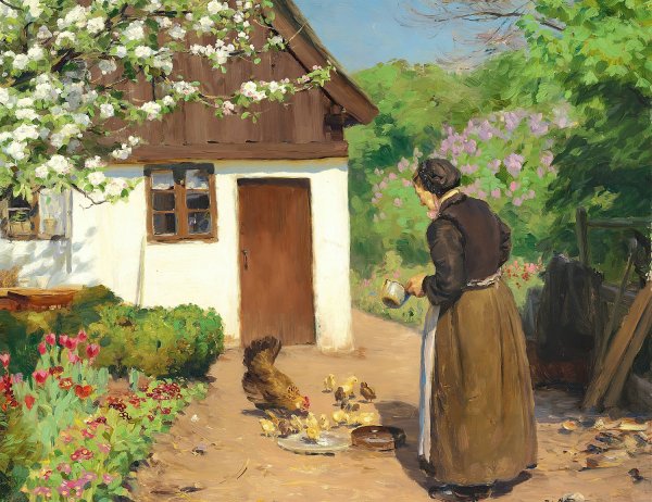 Honsene fodres foran det hvidkalkede bondehus en sommerdag by Hans Andersen Brendekilde - Hand-Painted Oil Painting Reproduction