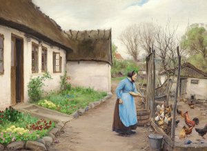 Kone, der fodrer hons foran et hvidkalket bondehus en efterarsdag by Hans Andersen Brendekilde Oil Painting
