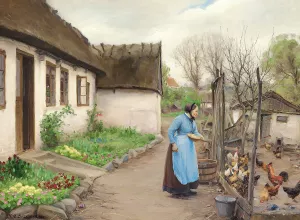 Kone, der fodrer hons foran et hvidkalket bondehus en efterarsdag by Hans Andersen Brendekilde Oil Painting