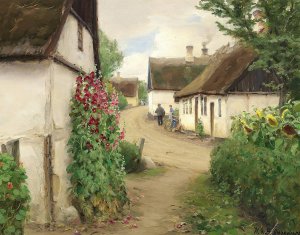 Sommerdag i en landsbygade med solsikker og rode stokroser by Hans Andersen Brendekilde Oil Painting