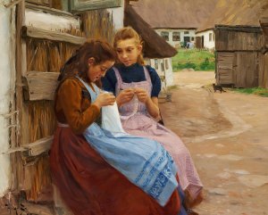 To piger med handarbejde siddende pa en gardsplads by Hans Andersen Brendekilde Oil Painting