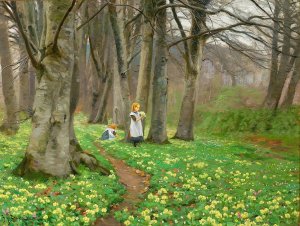 To piger plukker blomster i forarsskov by Hans Andersen Brendekilde Oil Painting