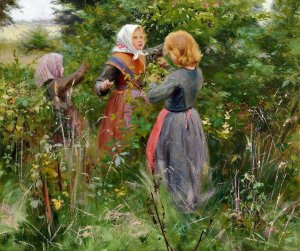 Tre smapiger plukker brombaer by Hans Andersen Brendekilde Oil Painting