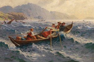 Sturmische uberfahrt am Fjord by Hans Andreas Dahl Oil Painting