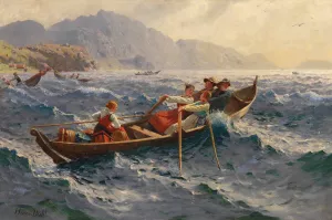Sturmische uberfahrt am Fjord by Hans Andreas Dahl Oil Painting