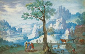 Landscape With Christ On The Road To Emmaus, A Woman Herding Cattle To The Right by Hans Bol Oil Painting