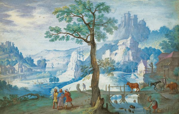 Main Product Photo of Landscape With Christ On The Road To Emmaus, A Woman Herding Cattle To The Right  Painting by Hans Bol