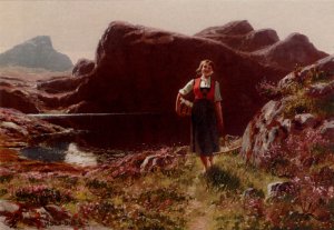 A Girl on a Sunlit Track Before a Fjord