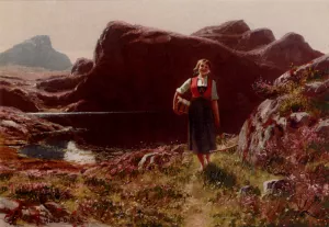A Girl on a Sunlit Track Before a Fjord Oil painting by Hans Dahl