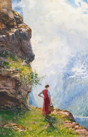 A Young Girl By A Fjord by Hans Dahl Oil Painting