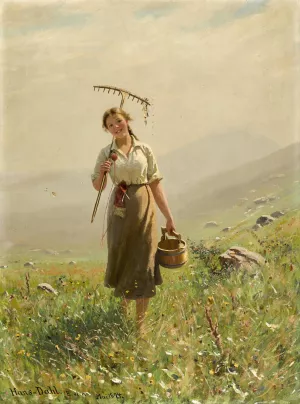 A Young Woman In The Meadow by Hans Dahl Oil Painting