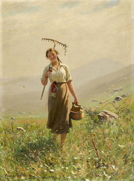 A Young Woman In The Meadow  by Hans Dahl - Hand-Painted Oil Painting Reproduction