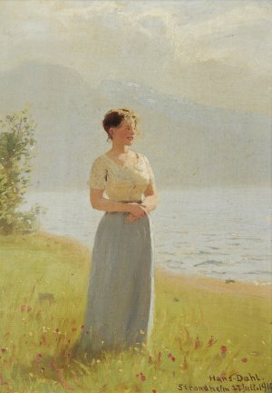 Girl Beside A Fjord by Hans Dahl Oil Painting