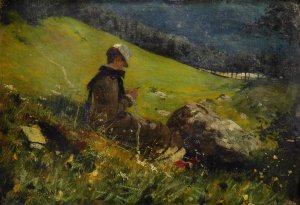 Girl In A Field Knitting by Hans Dahl Oil Painting