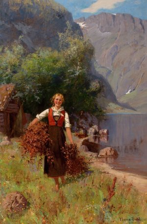 Girl in a Fjord Landscape by Hans Dahl Oil Painting