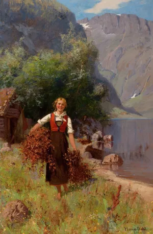 Girl in a Fjord Landscape by Hans Dahl Oil Painting