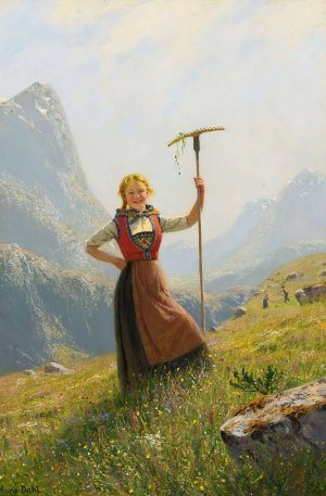 Peasant Girl With A Rake by Hans Dahl Oil Painting