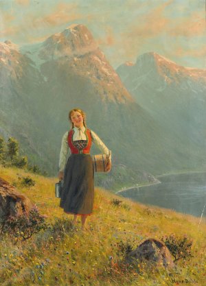 Young Girl By A Fjord by Hans Dahl Oil Painting