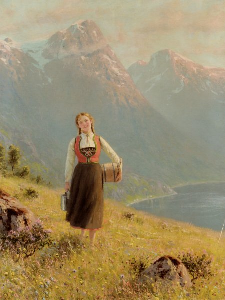 Young Girl by a Fjord by Hans Dahl - Hand-Painted Oil Painting Reproduction