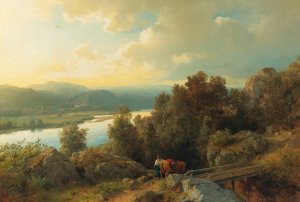 A Lakeside Landscape by Hans Fredrik Gude Oil Painting