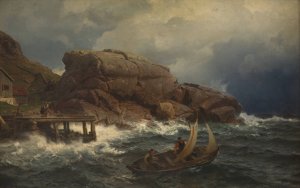 A Norwegian Seaport by Hans Fredrik Gude Oil Painting